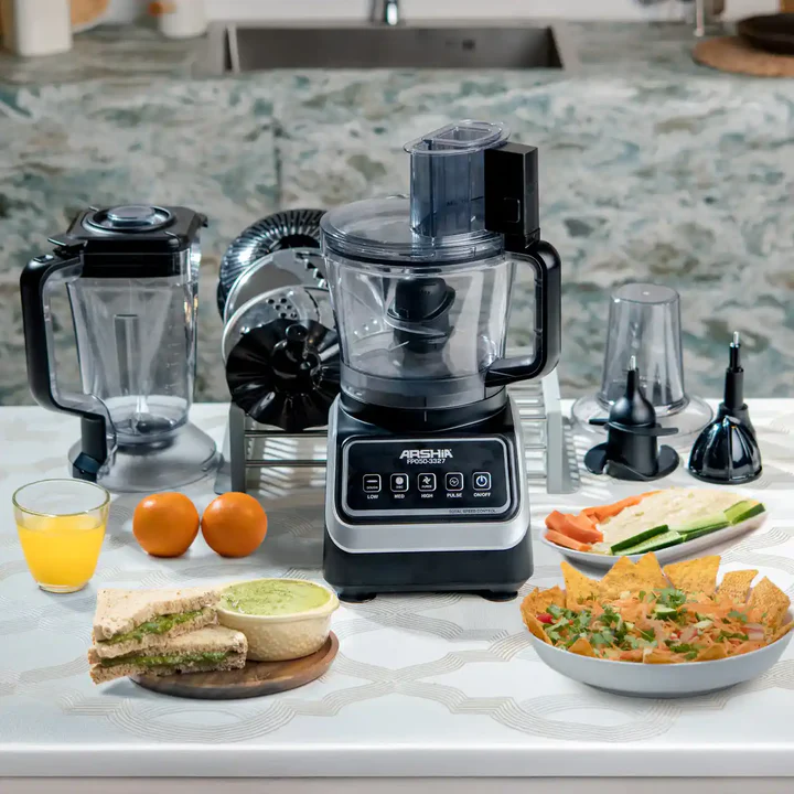Arshia 10-in-1 Food Processor – 1100W Power – 3.5L Main Bowl + 1.5L Glass Blender – Stainless Steel Blades – Elegant Silver & Black Design – Model 3327 - Image 3