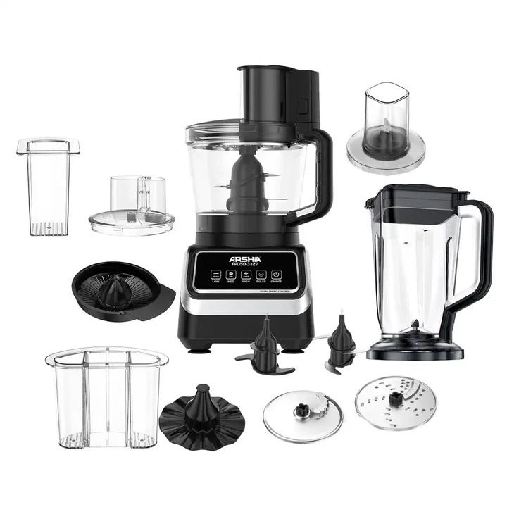 Arshia 10-in-1 Food Processor – 1100W Power – 3.5L Main Bowl + 1.5L Glass Blender – Stainless Steel Blades – Elegant Silver & Black Design – Model 3327